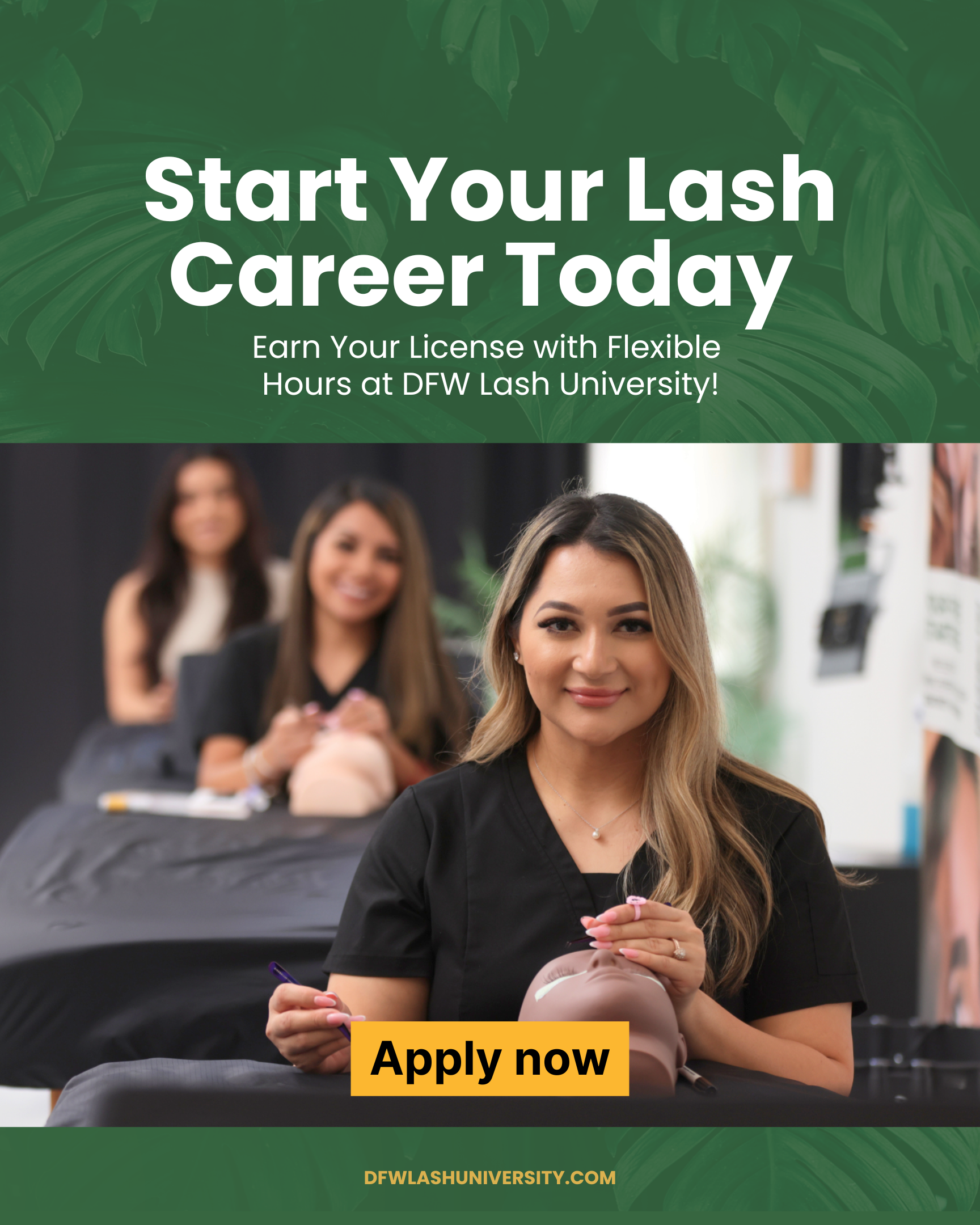 DFW Lash University students practicing hands-on lash training during Lash License & Certification Texas program